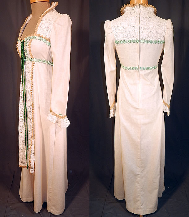 Vintage Gunne Sax by Jessica Black Label Renaissance Medieval Maxi Granny Dress
This beautiful boho maxi granny dress has a renaissance faire, medieval costume inspired design, is a long floor length, with an empire waistline, middle placket apron over skirt, puffed tapered sleeves coming to a point on the lace trimmed cuffs, an upturned stand up back collar, sweetheart front neckline, green corset lacing bodice top, back zipper closure and is unlined.