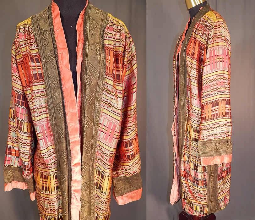 Vintage Art Deco Colorful Woven Silk Plaid Gold Lam&eacute; Flapper Opera Coat Lame
It is made of a colorful woven silk damask plaid pattern fabric, with gold metallic lam&eacute; trim edging done in a woven brocade grape vine leaf design and pale pink silk velvet trim edging. 