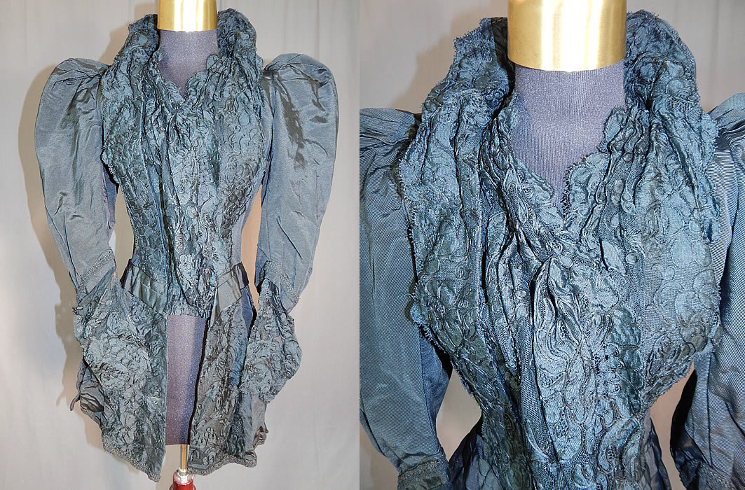 Victorian M.A. Smyth & Co Black Silk Lace Mutton Sleeve Mourning Bodice Jacket
This antique Victorian era M.A. Smyth & Co. black silk lace mutton sleeve mourning bodice jacket dates from the 1880s. It is made of a black silk grosgrain ribbed textured fabric, with a black lace trim front panel and sleeve cuffs. 