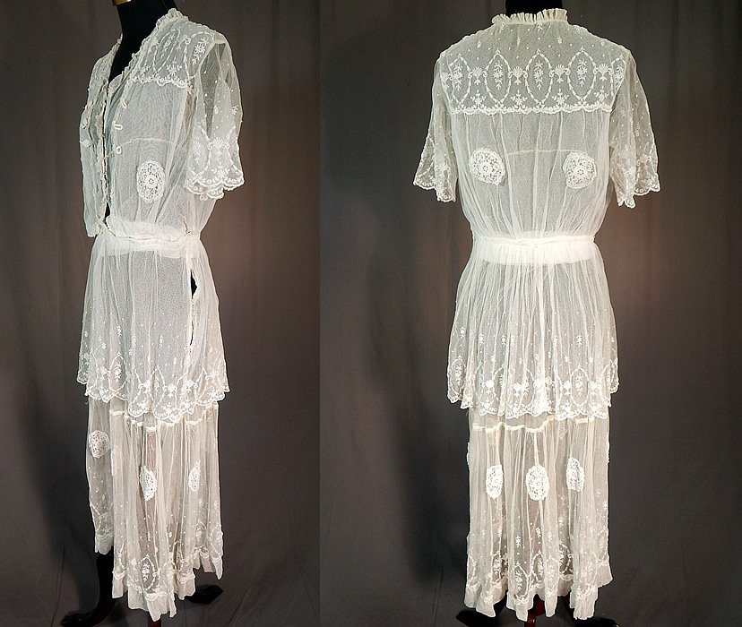 Titanic Edwardian Embroidered White Tulle Net Lace Applique Dress Tea Gown
It is in good condition, with only some frayed silk remnant trim around the skirt. This is truly a wonderful piece of wearable antique lace art which could be worn as a wedding or graduation dress! 