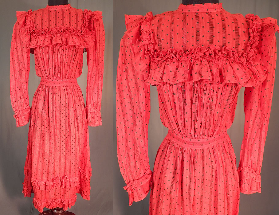 Victorian Red Cotton Calico Black Polka Dot Ruffle Yoke Girls Youth Dress
This antique Victorian era red cotton calico black polka dot ruffle yoke girls youth dress dates from 1890. It is made of a radiant red sheer woven cut work cotton calico fabric, with a black polka dot design.