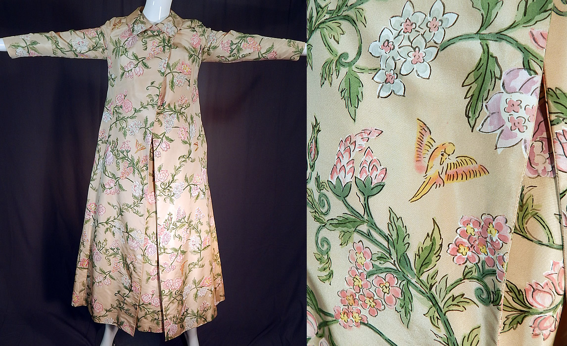 Vintage Pastel Painted Floral Bird Silk One Shoulder Gown Dress & Long Coat
This vintage pastel painted floral bird silk one shoulder gown dress and long coat dates from the 1960s. 