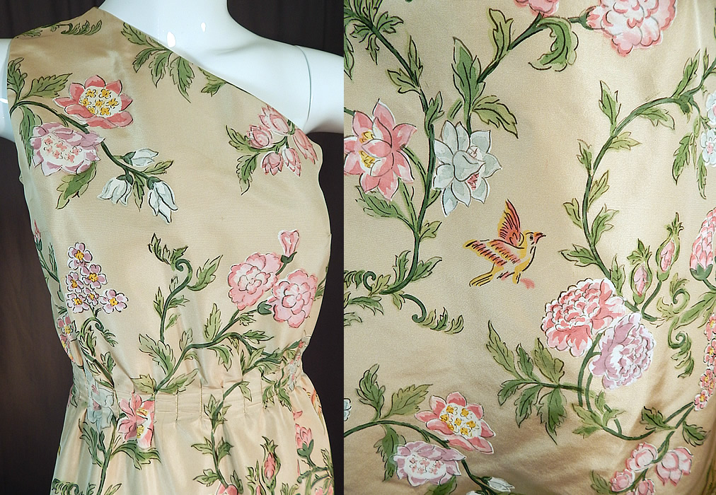 Vintage Pastel Painted Floral Bird Silk One Shoulder Gown Dress & Long Coat
It is made of a luxurious, lavish pale pink silk taffeta French fabric with a pastel painted botanical floral fauna bird design. 