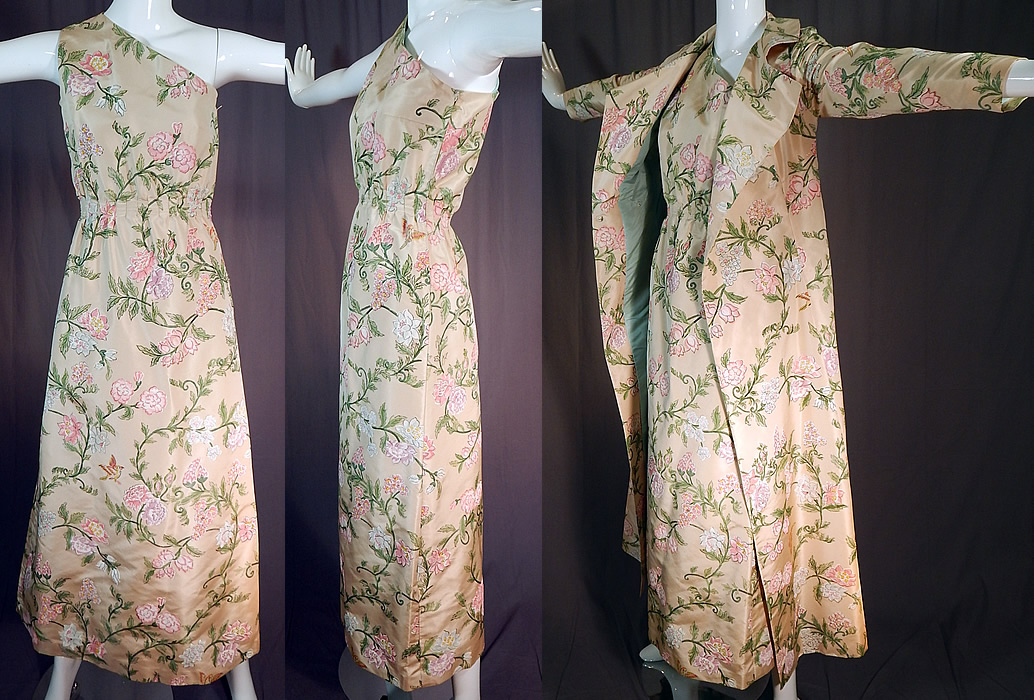 Vintage Pastel Painted Floral Bird Silk One Shoulder Gown Dress & Long Coat
The dress measures 53 inches long, with 42 inch hips, a 26 inch waist and 34 inch bust. 