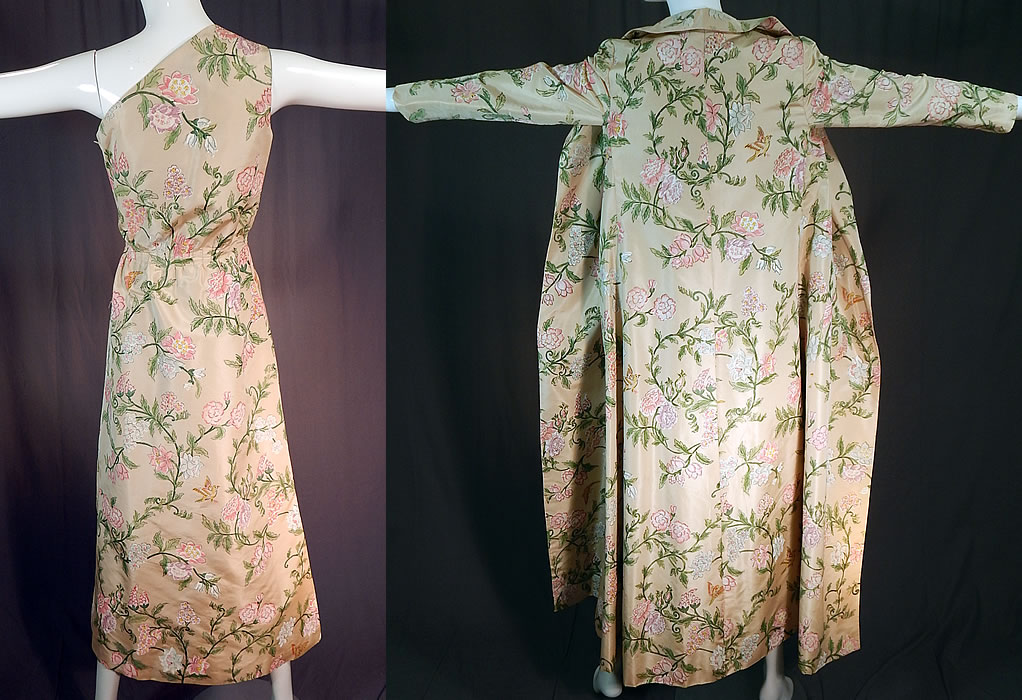 Vintage Pastel Painted Floral Bird Silk One Shoulder Gown Dress & Long Coat
The coat measures 52 inches long, with 40 inch hips, a 34 inch waist, 36 inch bust and 20 inch long sleeves.