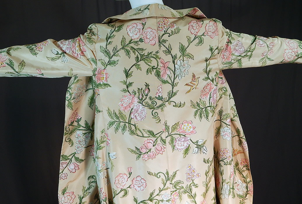 Vintage Pastel Painted Floral Bird Silk One Shoulder Gown Dress & Long Coat
The fabric and gown were custom made in France. It is in excellent condition. This is truly a wonderful piece of wearable art!