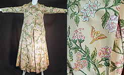 Vintage Pastel Painted Floral Bird Silk One Shoulder Gown Dress & Long Coat
