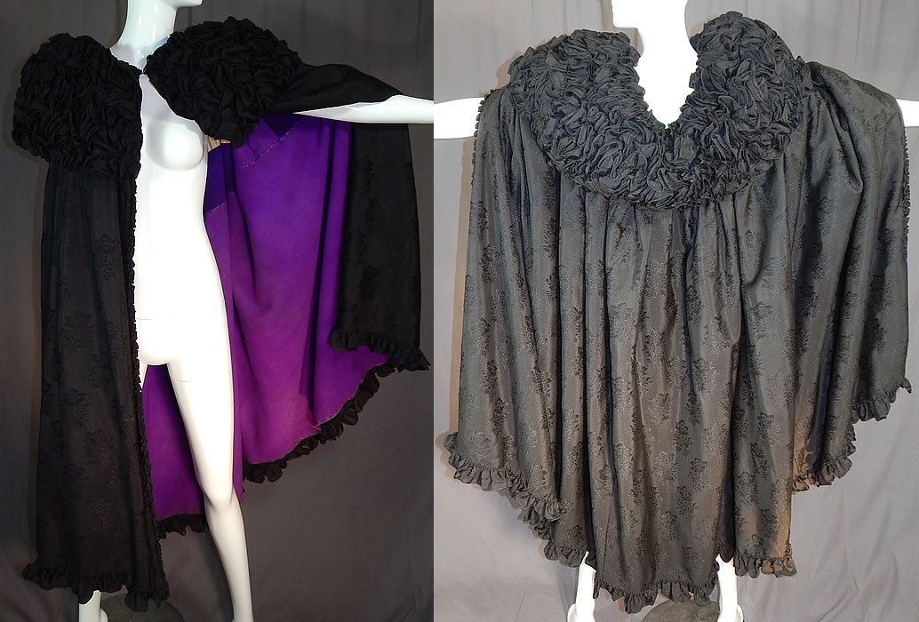 Victorian Black Silk Wool Damask Weave Large Ruffle Collar Cloak Cape
This Victorian era antique mourning black silk wool damask weave large ruffle collar cloak cape dates from the 1890. It is made of black silk wool blend damask weave fabric with a woven floral, Swiss dot design pattern.