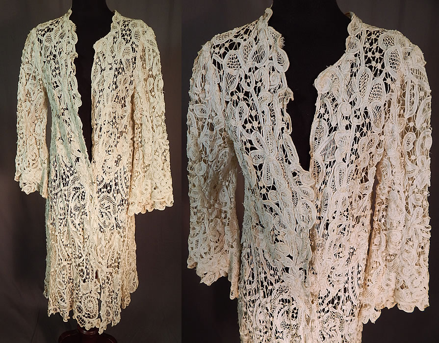 Edwardian Antique Cream Battenburg Tape Lace Long Coat Jacket
This exquisite antique Edwardian era cream battenburg tape lace long coat jacket dates from 1910. It is made of an off white cream color sheer battenburg tape lace with connecting thread picot ornamented bars, decorative spiral, floral, leaf, scroll work designs and scalloped lace trim edging.