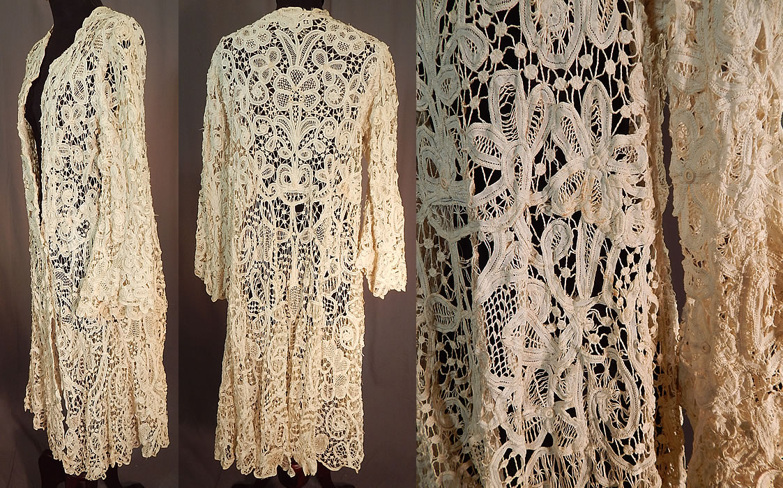 Edwardian Antique Cream Battenburg Tape Lace Long Coat Jacket
This lovely lace coat jacket is long below the knee length, with a loose fitting full wrap style, an open front with no closure, long full sleeves with flared wide cuffs and is sheer, unlined. The coat measures 43 inches long, with a 32 inch waist, 36 inch bust and 22 inch long sleeves. 
