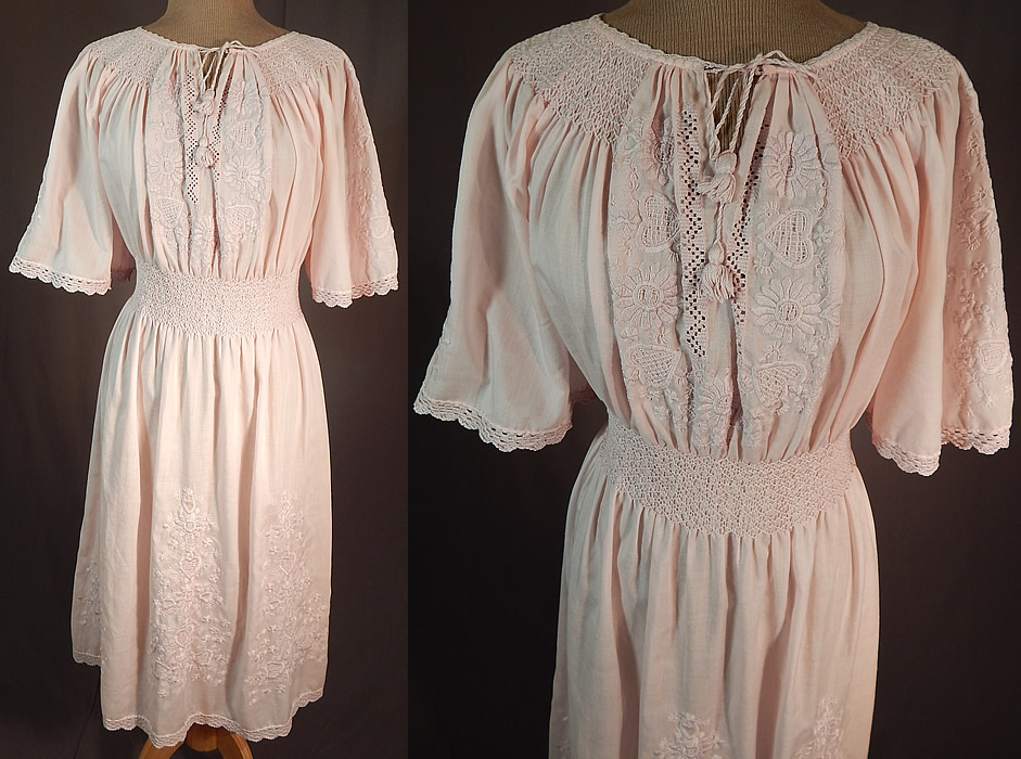 Vintage Pink Embroidered Hearts Flowers Smocking Boho Peasant Dress
This vintage pink embroidered hearts, flowers, smocking boho peasant dress dates from the 1950s.