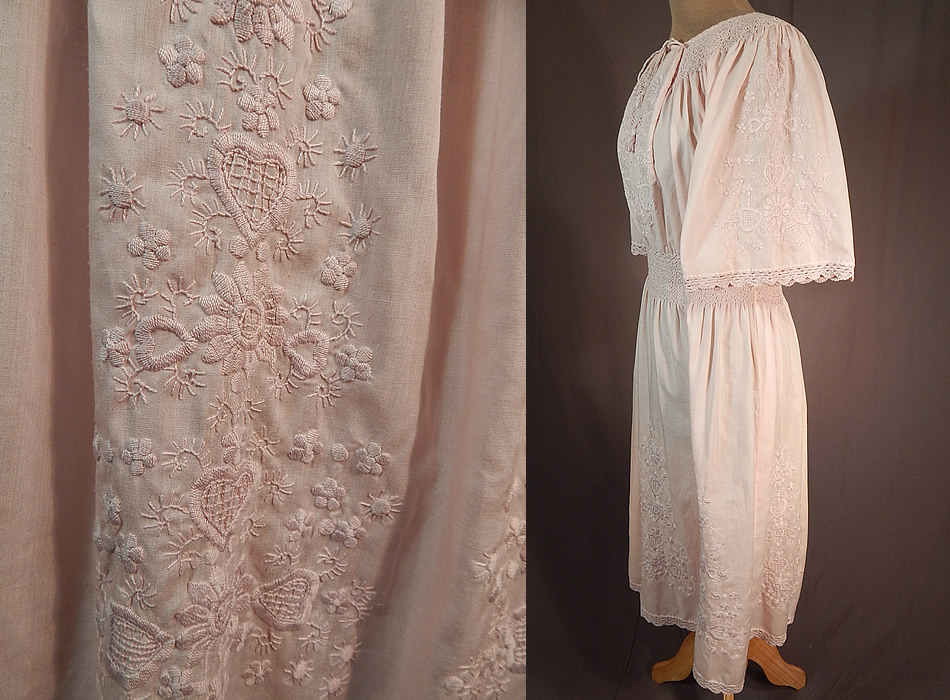 Vintage Pink Embroidered Hearts Flowers Smocking Boho Peasant Dress
This pretty pink peasant dress has elastic stretch smocking around the waist and neckline with key hole opening neck tie tassel closure, short full wide sleeves and is unlined. 
