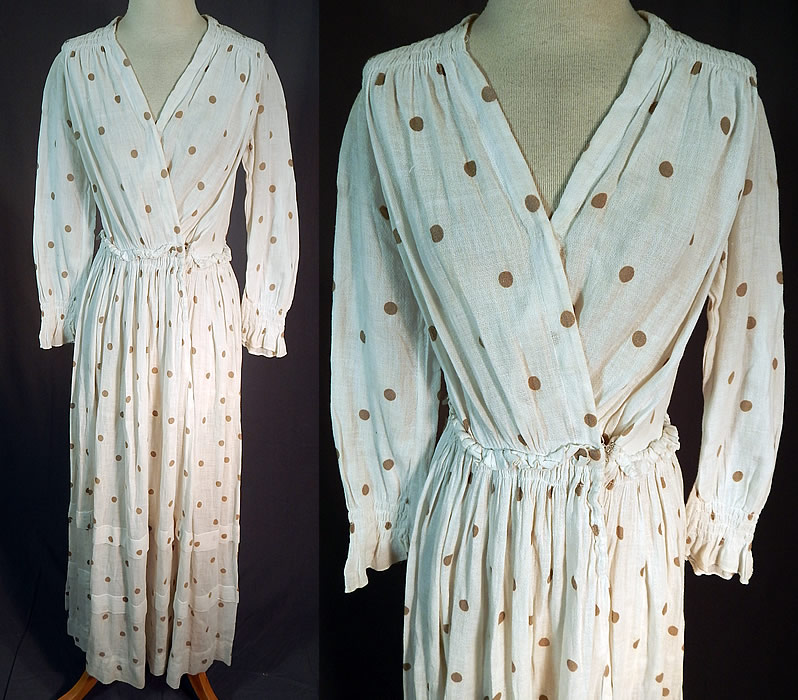 Edwardian White Cotton Muslin Brown Polka Dot Print Shoulder Smocking Dress
This vintage Edwardian era white cotton muslin brown polka dot print shoulder smocking dress dates from 1910. It is made of a white cotton muslin woven fabric, with a light brown polka dot print design throughout. 