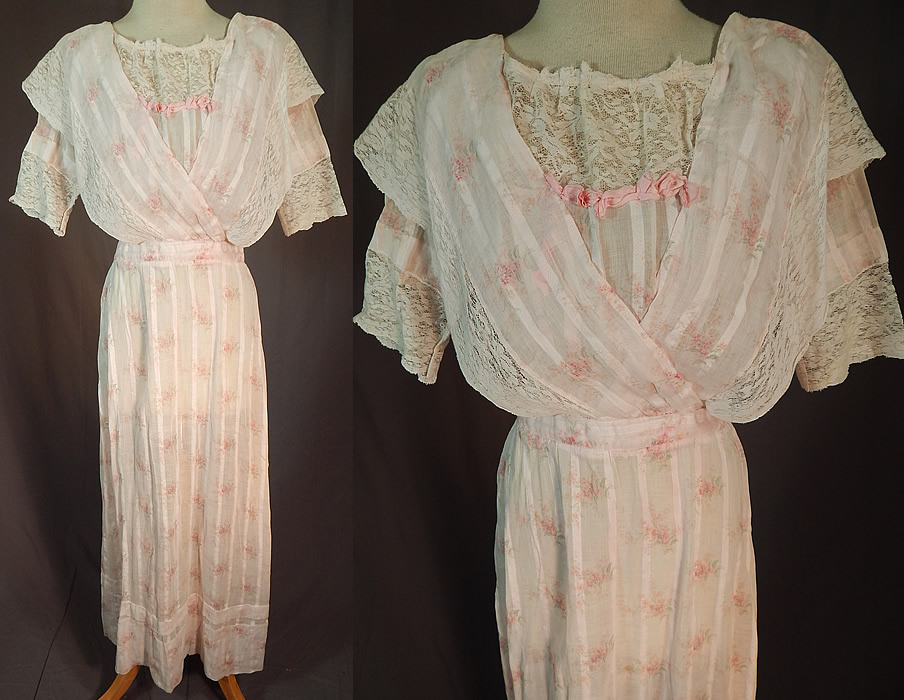 Edwardian Titanic Pink Pastel Moire Pattern Print Striped Batiste Lace Dress
This vintage Edwardian Titanic era pink pastel moire pattern print striped batiste lace dress dates from 1912. It is made of a pale pink pastel sheer fine striped woven cotton batiste fabric, with a pink floral moire pattern print, white lace trim and pink silk ribbon bow trim edging.