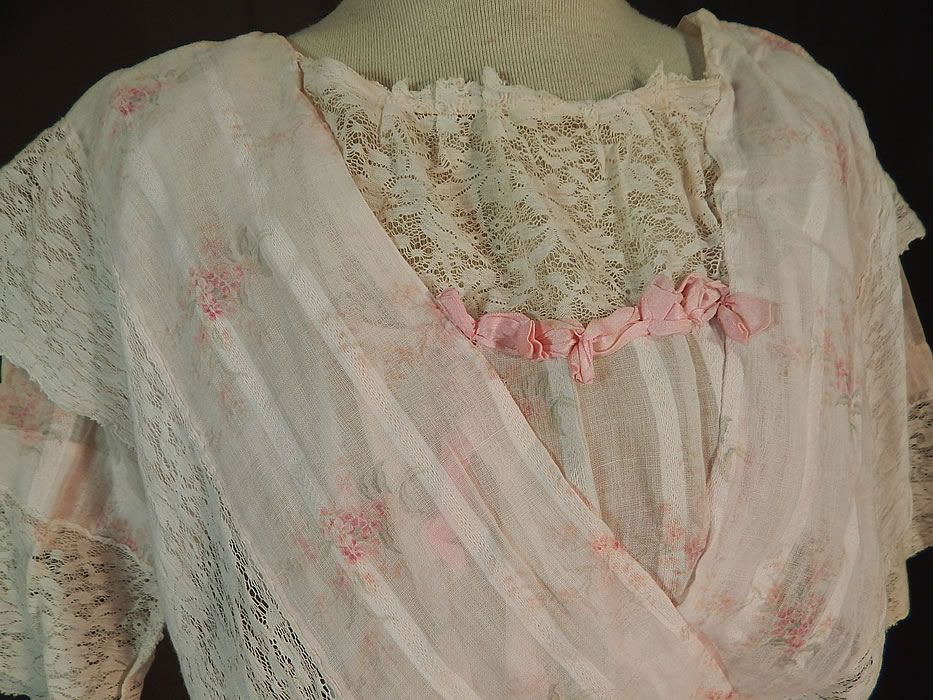 Edwardian Titanic Pink Pastel Moire Pattern Print Striped Batiste Lace Dress