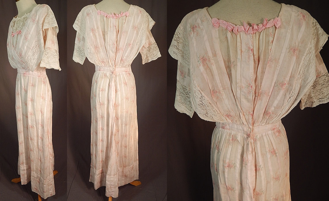 Edwardian Titanic Pink Pastel Moire Pattern Print Striped Batiste Lace Dress
This pretty pink pastel floral garden party dress has an over the shoulder draping wrap front overlay top, with lace trim edging, front insert neckline and sleeve cuffs, a fitted waist, short sleeves, back snap closures and is sheer, unlined. 