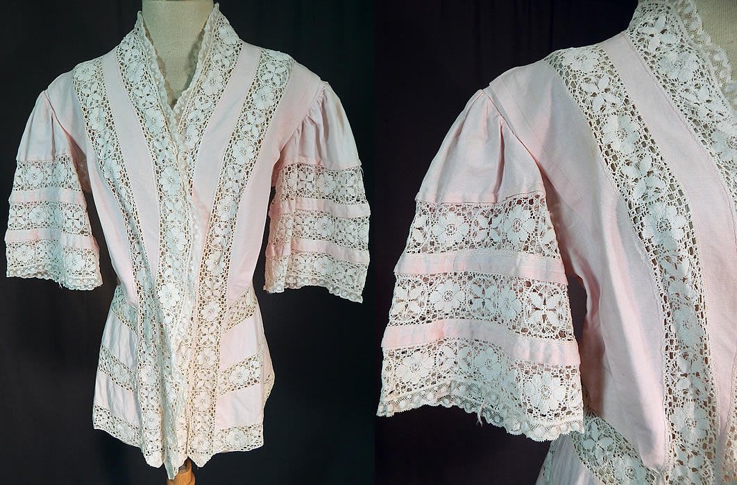Edwardian Pink Cotton Pique White Lace Trim Coattails Coat Jacket
This vintage Edwardian era pink cotton pique white lace trim coattails coat jacket dates from 1910. It is made of a pale pink pastel cotton pique ribbed textured fabric, with white lace trim inserts, a floral butterfly pattern lace and narrow polka dot scalloped lace trim edging. 
