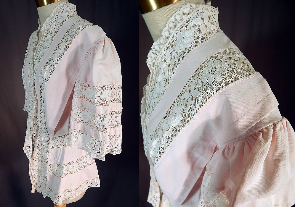 Edwardian Pink Cotton Pique White Lace Trim Coattails Coat Jacket
This lovely lace pink jacket is long mid hip length, has an open front with no closure, a tailored fitted back, with coattails split bottom lace trim, gathered shoulders, short full flared wide sleeves and is unlined. 