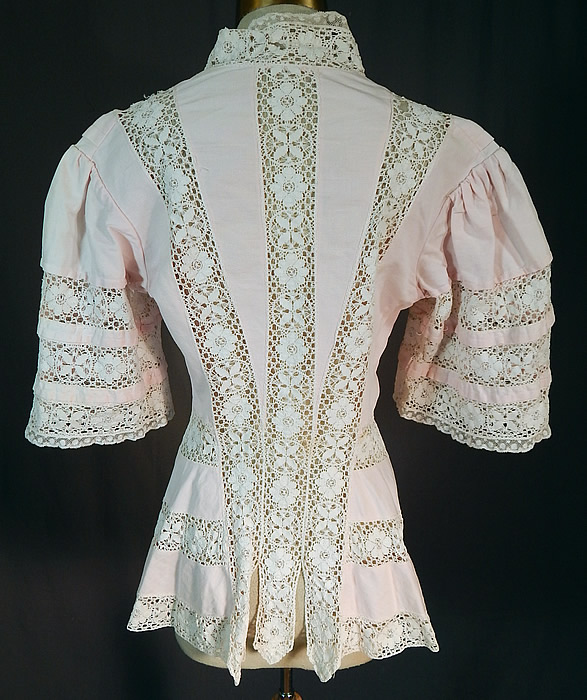 Edwardian Pink Cotton Pique White Lace Trim Coattails Coat Jacket
The jacket measures 26 inches long, with a 28 inch waist and 34 inch bust.