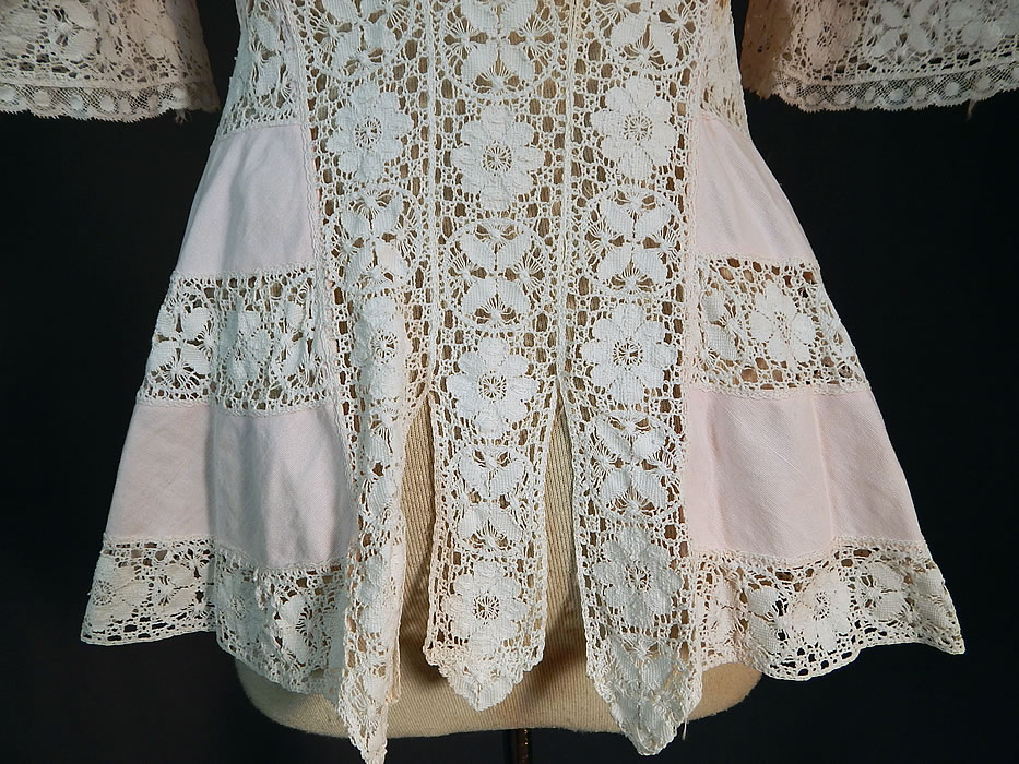 Edwardian Pink Cotton Pique White Lace Trim Coattails Coat Jacket
It is in good as-is condition, with only some slight fade discoloration in areas and a small break in the lace on one shoulder. This is truly a wonderful piece of wearable antique lace art!