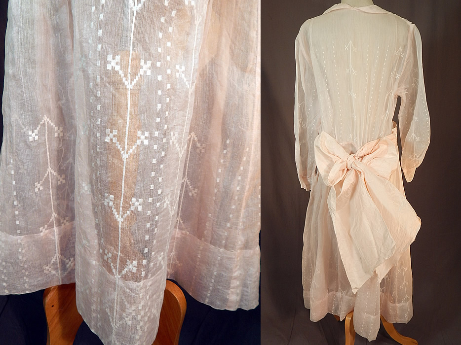 Vintage Pink Pastel Organdy White Flock Cross Stitch Pattern Belted Bow Dress
The dress measures 45 inches long, with a 32 inch waist, 40 inch bust and 21 inch long sleeves. It is in excellent condition. This is truly a wonderful piece of wearable art!