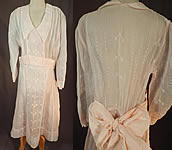 Vintage Pink Pastel Organdy White Flock Cross Stitch Pattern Belted Bow Dress
