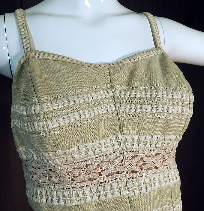 Vintage Jantzen Embroidered Ecru Linen Lace Trim Pinup Romper Swimsuit
This sexy pinup bombshell bathing suit has a romper style, with shorts, adjustable shoulder straps, back zipper closure and is fully lined inside.