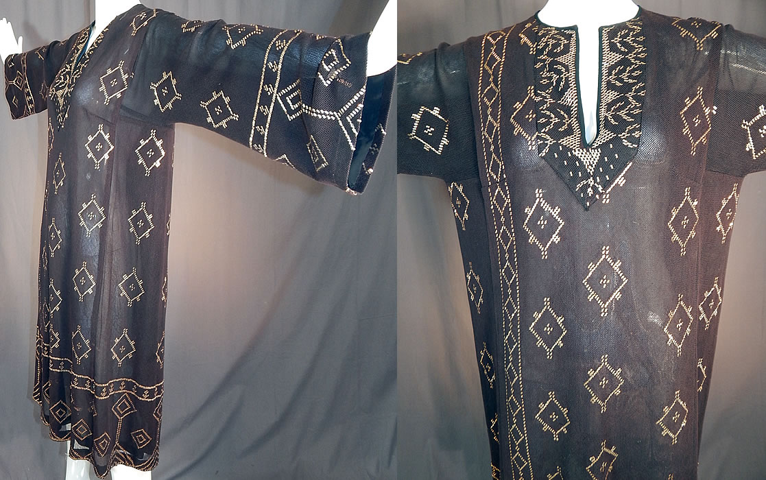 Vintage Art Deco Egyptian Assuit Shawl Black Net Silver Studded Kaftan Dress
It is made of a black sheer cotton netting, covered with hand applied silver metal pieces done in decorative Art Deco abstract geometric diamond designs.