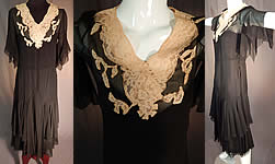 Vintage Black Silk Chiffon Cream Lace Handkerchief Sleeve Bias Cut Dress Slip

