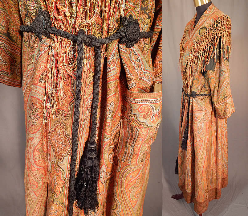 Victorian Antique Wool Paisley Shawl Collar Belted Robe Morning Dressing Gown
This stunning shawl was created into a long floor length robe morning dressing gown, with wonderful workmanship and detail. 