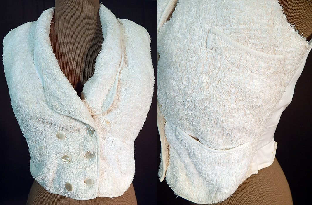 Victorian White Cotton French Towell Terry Cloth Double Breasted Waistcoat Vest
This antique Victorian era white cotton French towell terry cloth double breasted waistcoat vest dates from the 1860s. It is made of a white French terry cloth cotton towelling fabric with warp knitted loops.