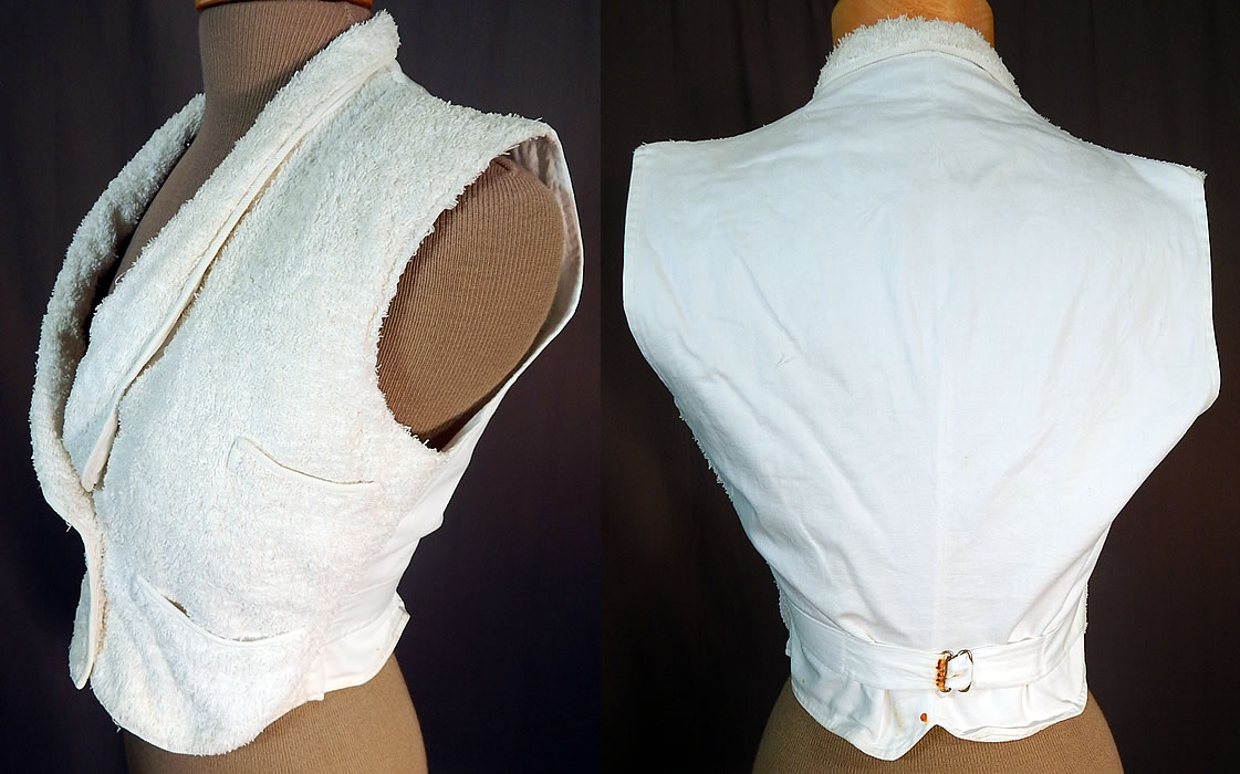 Victorian White Cotton French Towell Terry Cloth Double Breasted Waistcoat Vest
There is a white cotton fabric backing, with an adjustable metal buckle, strap on the lower back. It is fully lined with removable cotton batting padding inside the front chest area and inside pockets.