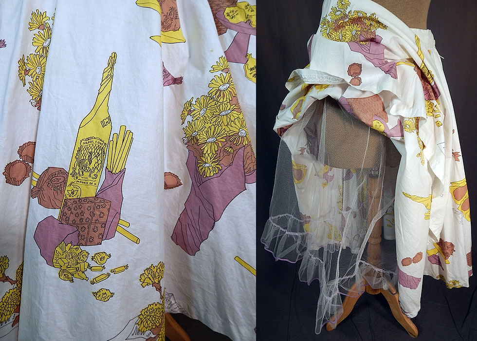 Vintage Cotton French Provincial Picnic Novelty Print Circle Skirt Tulle Net Petticoat
It is made of white cotton fabric with a purple and yellow novelty print French Provincial picnic design of wine, breadsticks, cheese, fruit, pears, chocolates, candy and flowers. 