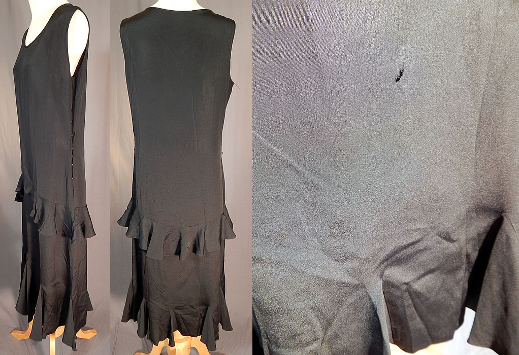 Vintage Black Silk Crepe de Chine Ruffle Bias Cut Sleeveless Cocktail Dress
The dress measures 44 inches long, with a 30 inch waist and 34 inch bust