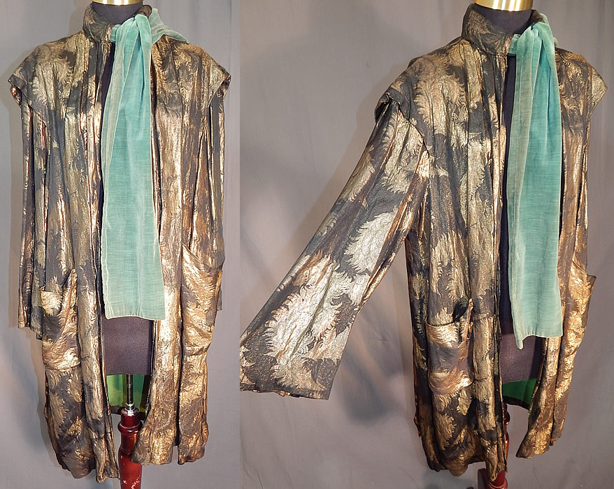 Vintage Art Deco Black Silk Gold Lam&eacute; Lame Feather Flapper Coat Jacket
This vintage Art Deco black silk gold lam&eacute; long feather flapper coat jacket dates from the 1920s. It is made of a black and gold metallic lam&eacute; thread woven fabric in a fluffy feather plume design.