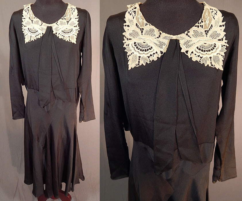 Vintage Black Silk Crepe de Chine Cream Lace Collar Bias Cut Dress
This vintage black silk crepe de chine cream lace collar bias cut dress dates from the 1930s. It is made of a black silk crepe de chine fabric, with a cream embroidered net lace collar trim.