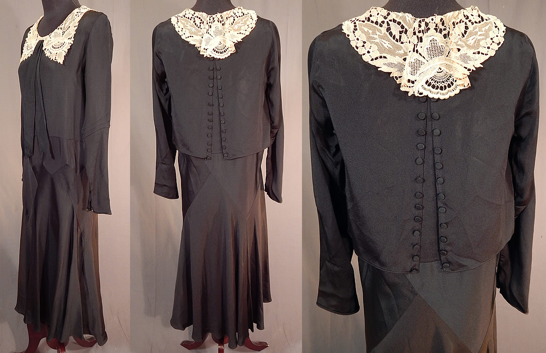 Vintage Black Silk Crepe de Chine Cream Lace Collar Bias Cut Dress
The dress measures 43 inches long, with a 32 inch waist, 32 inch bust and 21 inch long sleeves. 