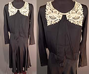 Vintage Black Silk Crepe de Chine Cream Lace Collar Bias Cut Dress
