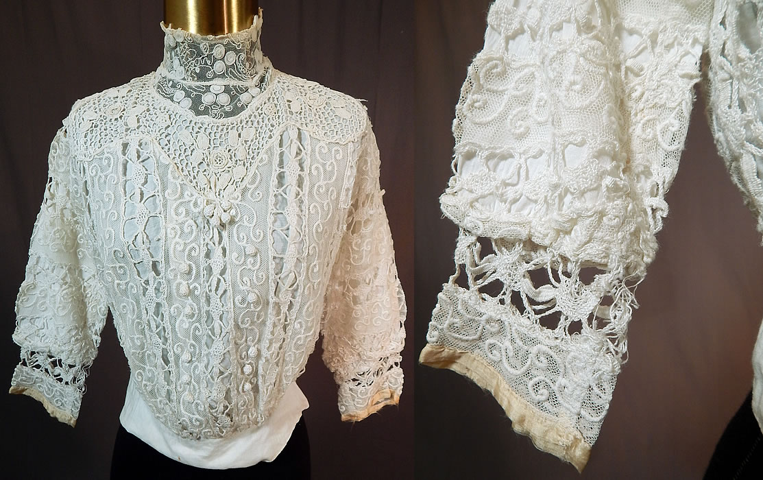 Edwardian Embroidered White Net Mixed Crochet Lace Bodice Blouse
This antique Edwardian era embroidered white net mixed crochet lace bodice blouse 1910. It is made of a white embroidered net fabric, with mixed laces of Irish crochet and cluny lace. 