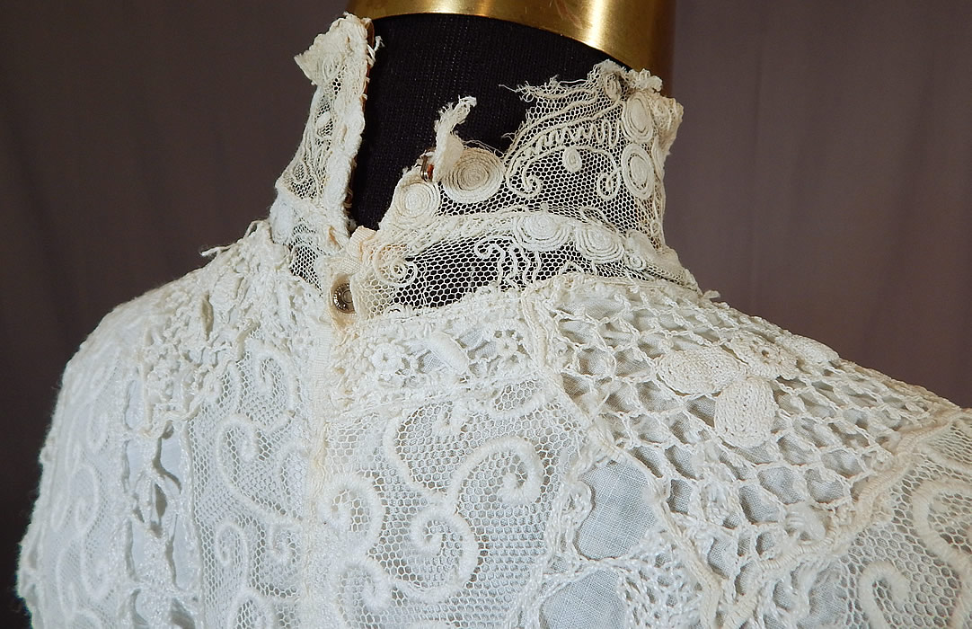 Edwardian Embroidered White Net Mixed Crochet Lace Bodice Blouse
The top measures 17 inches long, with a 24 inch waist, 34 inch bust and 9 inch neck.