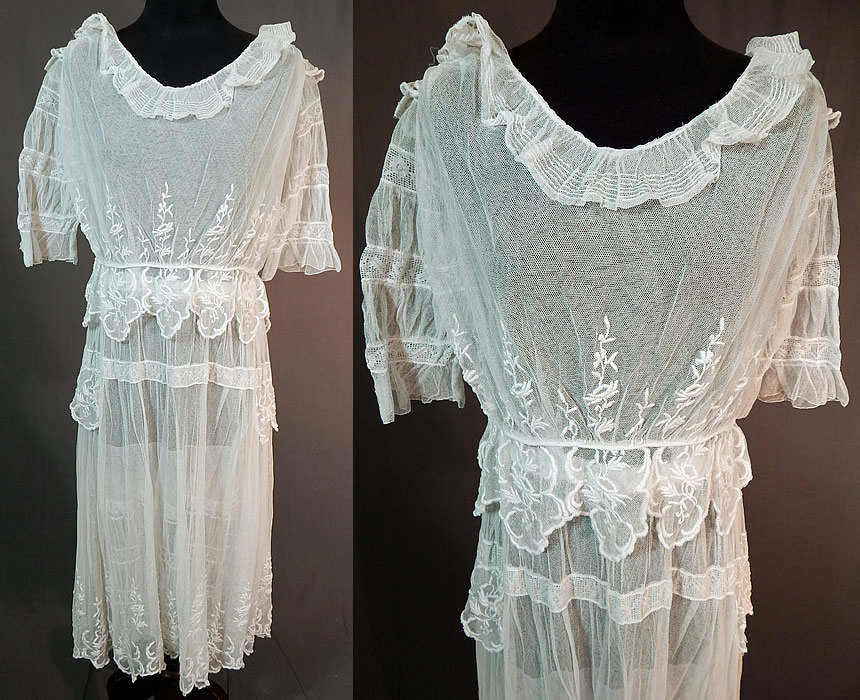 Edwardian Embroidered White Tulle Net Filet Lace Peplum Tea Gown Dress
This vintage Edwardian era embroidered white tulle net filet lace peplum tea gown dress dates from 1915. It is made of a sheer white tulle net fabric, with white raised padded satin stitch embroidery work done in floral vine leaf design and filet lace trim inserts.