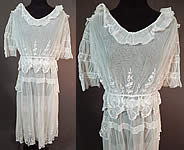Edwardian Embroidered White Tulle Net Filet Lace Peplum Tea Gown Dress
