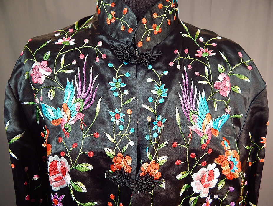Vintage Plum Blossoms Chinese Black Silk Colorful Floral Bird Embroidered Jacket
It is made of a black silk satin fabric background, with colorful raised padded satin stitch embroidery work. 