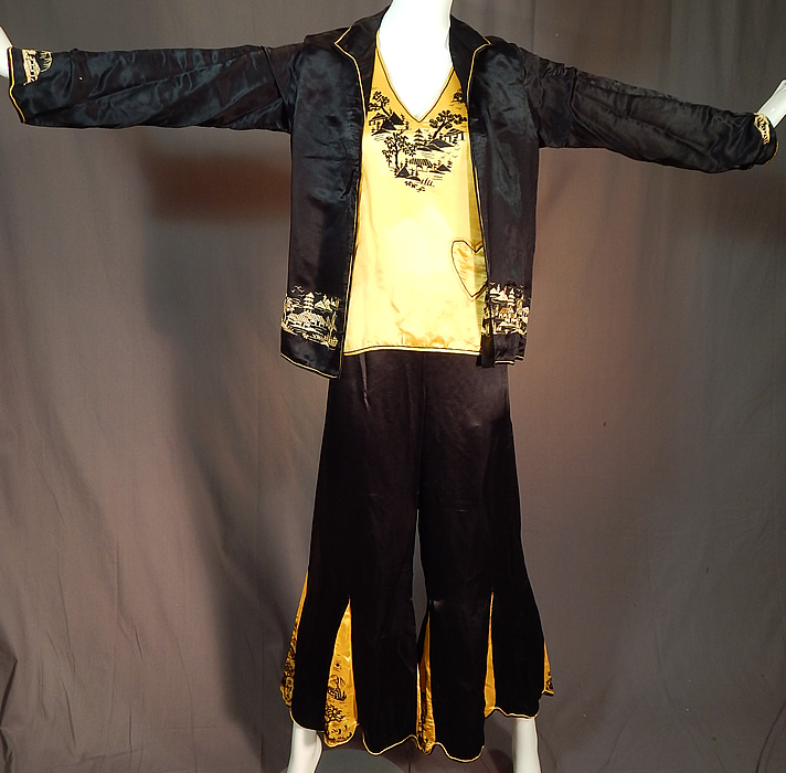 Vintage Chinese Black & Yellow Silk Embroidered Pajamas Palazzo Pants Robe Top
This vintage Chinese black and yellow silk embroidered pajamas palazzo pants, robe, top date from the 1930s.