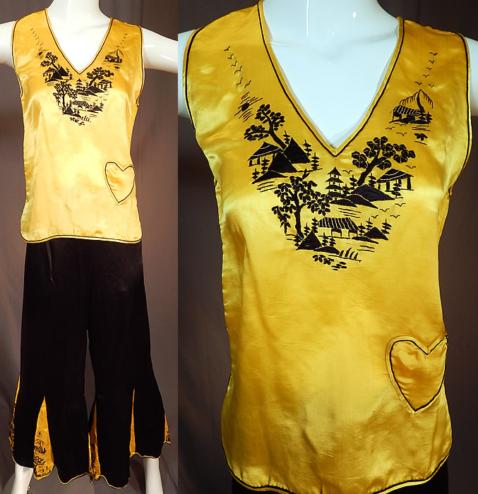 Vintage Chinese Black & Yellow Silk Embroidered Pajamas Palazzo Pants Robe Top
It is made of a black and yellow silk satin fabric, with contrasting silk raised padded satin stitch embroidery work of picturesque village pagoda temple scenes. 