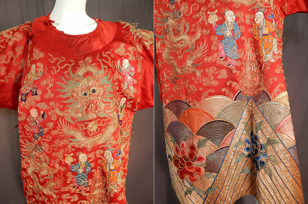 Antique Chinese Dragon Phoenix Gold Couching Embroidery Red Silk Opera Robe
It is made of a red silk fabric, with gold metallic couching and colorful raised padded satin stitch hand embroidery work. 