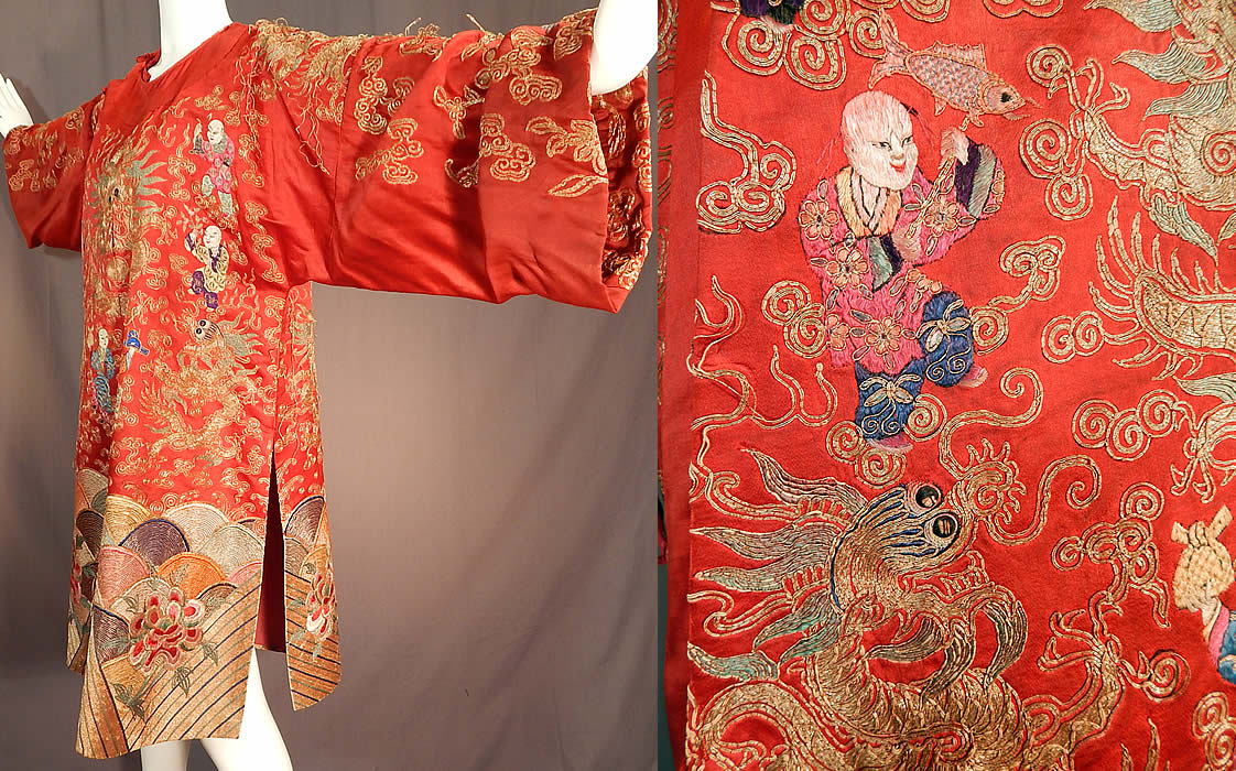 Antique Chinese Dragon Phoenix Gold Couching Embroidery Red Silk Opera Robe
There are gold dragons with 4 open claws, large round eyes on the front and back, with the phoenix bird along the back sleeves. A dragon and phoenix represent husband and wife, signifying wedded bliss, also a symbol for the Emperor and Empress. 