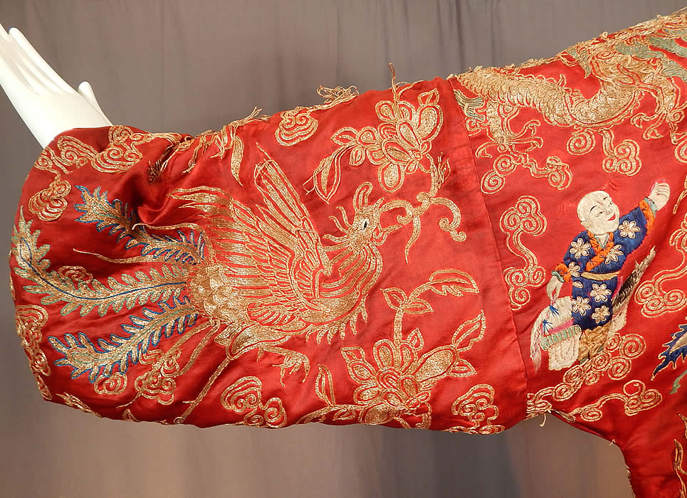 Antique Chinese Dragon Phoenix Gold Couching Embroidery Red Silk Opera Robe
The robe measures 40 inches long, with a 40 inch chest, 40 inch waist and 22 inch long sleeves.