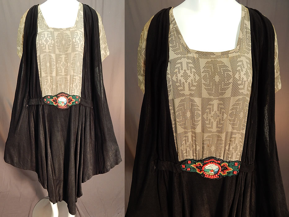 Vintage Art Deco Silk Print Top Black Jersey Knit Pinafore Dress & Beaded Belt
This vintage Art Deco silk print top black jersey knit pinafore dress and beaded belt dates from the 1920s. 