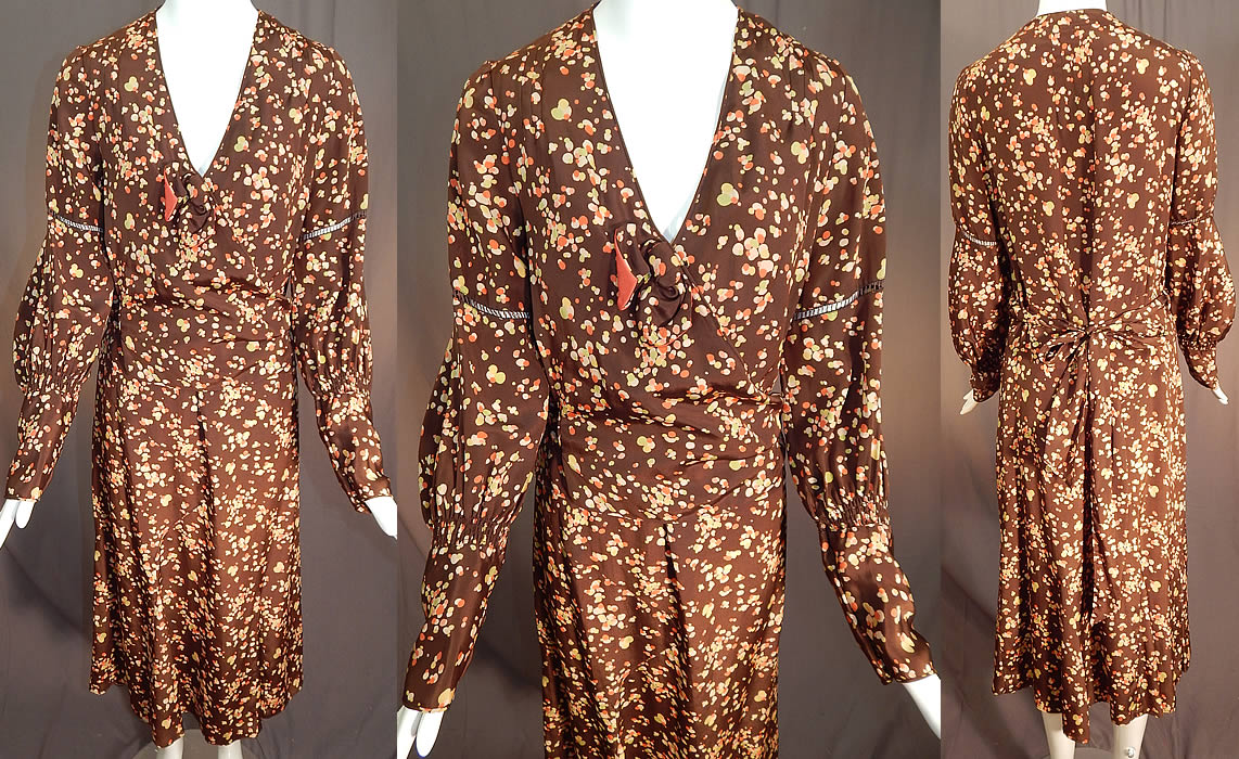 Vintage Brown Silk Polka Dot Bubble Print Belted Wrap Bias Cut Dress
This vintage brown silk polka dot bubble print belted wrap bias cut dress dates from the 1930s. It is made of a brown silk fabric with an abstract coral, chartreuse, cream, yellow polka dot bubble print pattern design. 